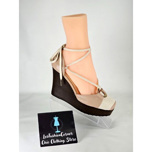 Tod’s Women's Beige Leather Cream Canvas Zeppa Lace Up Wedge Sandals Sz 7 274 - Picture 13 of 16